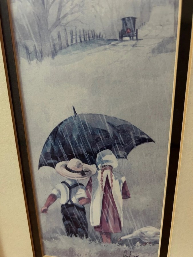 复古阿米什儿童撑伞行走装饰画